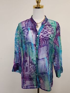 Notations Sheer Abstract Print Button Front Blouse Teal Purple Size Large